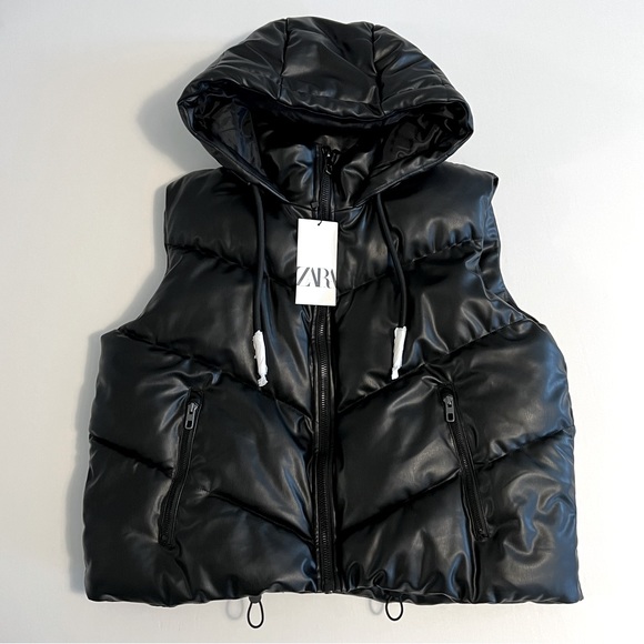 Zara Jackets & Blazers - Zara Faux Leather Puffer Vest Black S/Small Hooded Oversized NEW Jacket NWT